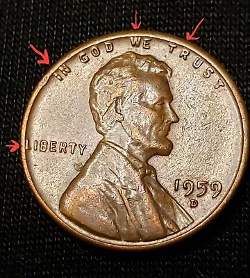 1959 D Lincoln Penny - Errors On Top Rim  L  On Edge 1st Year Memorial RARE!!! • $19.78