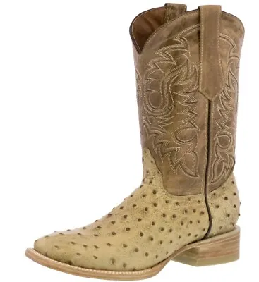 Mens Cowboy Western Boots Sand Ostrich Print Leather Sizes 6.5 7.5 10 12.5 • $108.99