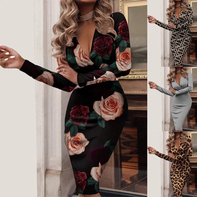 $40.81 • Buy Formal Dresses With Sleeves Women's Fashion Leopard Printe Patch Deep V-Neck