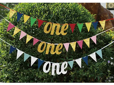 ONE/ 1st Birthday Bunting Banner Garland Baby Girl Baby Boy Party Decor • $8.95