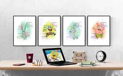 £6 • Buy Spongebob Squarepants Watercolour Splash Set Of 4 Prints Pictures Wall Art