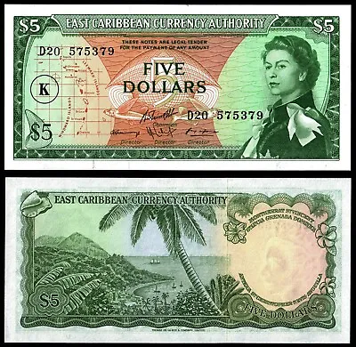 EAST CARIBBEAN STATES 5 DOLLARS (P14k) N. D. (1965) QEII OVERPRINT K UNC • £70