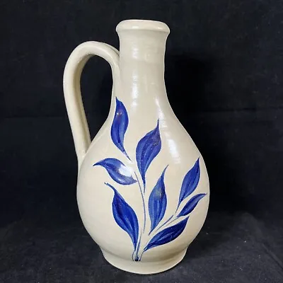 Williamsburg Pottery Salt Glaze Jug Ewer Vase Pitcher Cobalt Blue Leaves 7.5  • $14.19