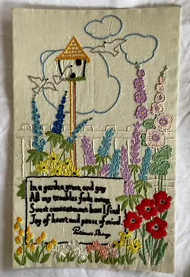 Vintage Embroidered Panel English Cottage Garden And Poem. Stretched Unframed. • $31.07