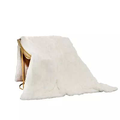 100% Real Rex Rabbit Fur Throw Blanket Luxury Soft Fur Bedspread White 78x55in • $137.99