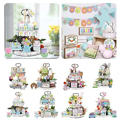 Easter Tiered Tray Decor Lucky Wooden Table Signs Green Party Table Centerpieces • £9.93