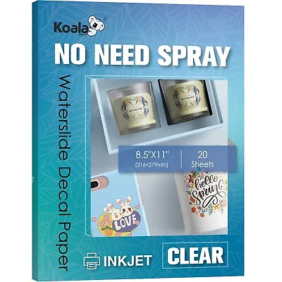 Koala NO NEED SPRAY CLEAR Waterslide Decal Paper For INKJET Printer 20 Pk 8.5x11 • $18.69