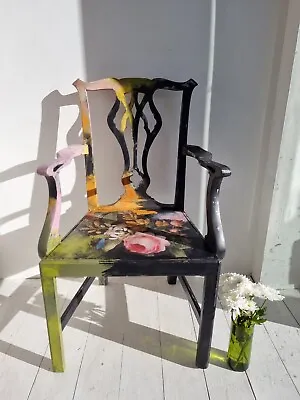 PAINTED CHAIR Occasional Carver Black Floral Decoupage Statement Pink Dining • £170