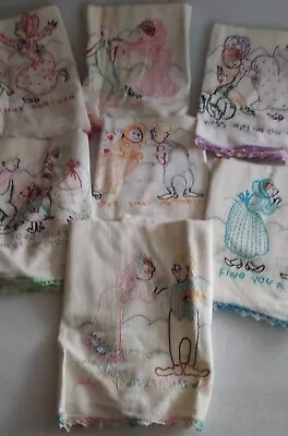 VINTAGE 1950s EMBROIDERED KITCHEN DISH TEA TOWELS SET OF 7 • $35