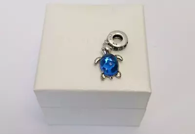 Rare Pandora Blue Murano Glass Turtle Dangle Globe Charm ALE 925 Sterling Silver • £34