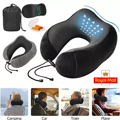 Memory Foam Travel Pillow Neck Support Cushion With Carry Bag Ear Plugs Mask • £7.85