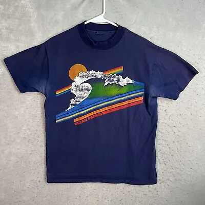 Vintage 70s Ocean Pacific Wave Surf T Shirt Adult Medium Blue Made In USA Mens • $59.99