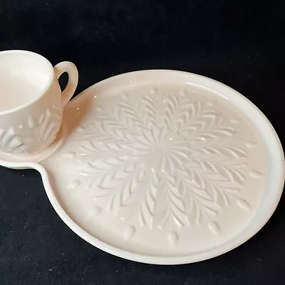 Vintage Jeannette Feather Shell Pink Milk Glass Snack Tray And Cup Set 1950's • $28