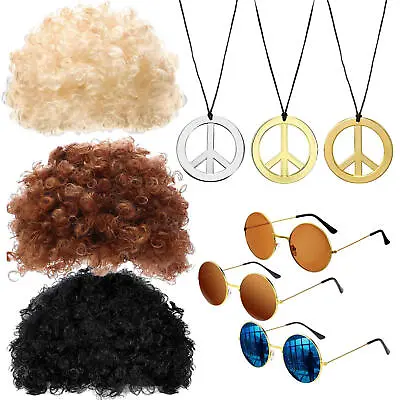 £9.19 • Buy Hippie Costume Set Funky Afro Wig Sunglasses Necklace For 50/60/70S Theme Party