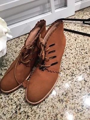 F-Troupe Women's Leather Booties Lace Up Tan  Shoes Ret $350 Anthropologie 10 • £57.02