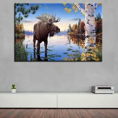 Moose At Autumn Forest Lake 1 Piece Canvas Print Wall Art • $24.95