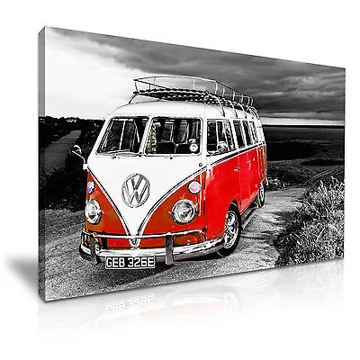 Red VW Camper Van Vintage Campervan Canvas Wall Art Picture Print 76x50cm • £30.99