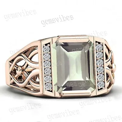 Vintage Emerald Cut Prasiolite Ring For Men Sterling Silver Green Amethyst Ring • $52.68