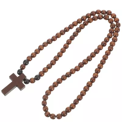 Wooden Cross Necklace For Men Beaded Chain Necklace Rosary Trendy Necklace • £7.35