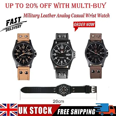 Men’s Military Leather Date Quartz Analog Army Casual Dress Wrist Watches UK • £1.95