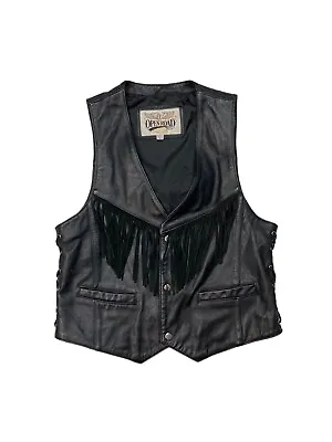 Vintage Open Road Mens Black Leather Vest Size L Fringe Snap Moto Biker Studded • $30