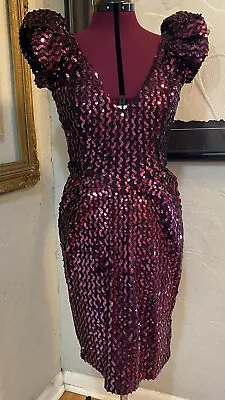 Vintage Dress Pink Sequin Climax David Howard Size 7/8 Padded Shoulder V Neck • $45