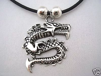 Ferocious Dragon Dark Silver Coloured Pendant Black Waxed Cotton Cord Necklace • £3.35