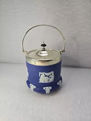 Vintage Wedgwood Blue Jasperware Bisque Silverplate Biscuit Jar Barrel  • $89