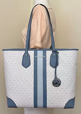 Michael Kors Eva MK Signature PVC Chambray Blue Multi Large Tote With Pouch • $154.98