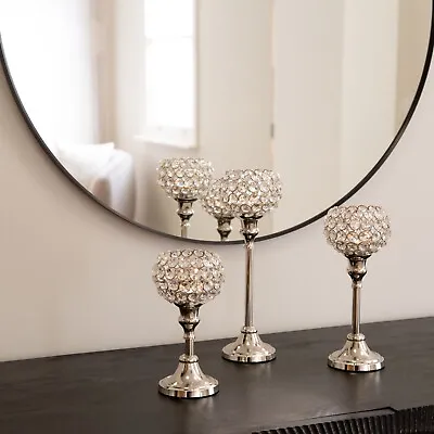 Silver Crystal Ball Candle Holders Set Of 3 Centrepiece Candle Holders • £49.96
