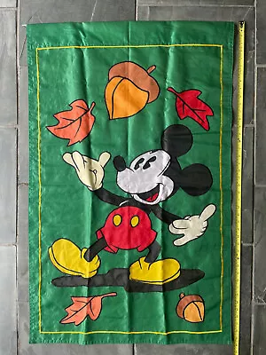 Vtg DISNEY MICKEY MOUSE Autumn Fall Green LARGE YARD FLAG APPLIQUE Leaves • $15.29