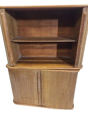 Vintage Teak Tech Rolling Cabinet Wall Storage Shelf Danish Modern Wood Case Set • $139.99