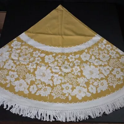 Vintage 70s Yellow White Flowers Round Table Cotton Cloth Skirt W Fringe 60  D • $35.97