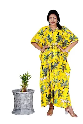 $39.67 • Buy Indian Yellow Tiger Cotton Long Kaftan Maxi Night Gown Dress Women Cover Up AU