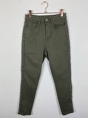 Mint Velvet Khaki Green Tapered Sparkle Beaded Stretch Denim Jeans Size 8 S UK • $31.07