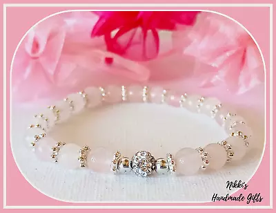 £3.99 • Buy Rose Quartz Beaded Glass Bracelet With 6 Mm Shamballa &  Silver Daisy Spacers