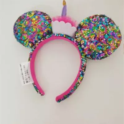 US Disney Parks Happy Birthday Minnie Mickey Ears Cupcake Cake Sequined Headband • $16.59