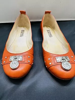 Michael Kors Hamilton Ballet Flats Orange Leather Silver Padlock Shoes Size 5.5 • $25