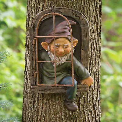 Garden Gnome Statue Elf Out The Door Tree Hugger Art Sculpture Resin Decor • $24.99