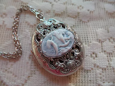 Silver Plated Filigree Victorian Playful Mermaids Cameo Locket Necklace 24  Blue • $36.99