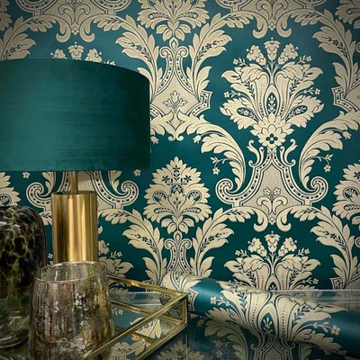 £23.99 • Buy Amara Deep Green Gold Damask Wallpaper Luxury Sheen Heavy Italian Vinyl GB7393