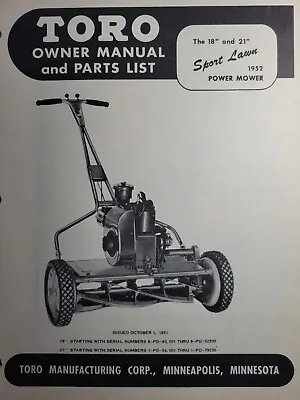 TORO 18 21 Sport Lawn 1952 Walk-Behind Gas Power Reel Mower Owner & Parts Manual • $84.84