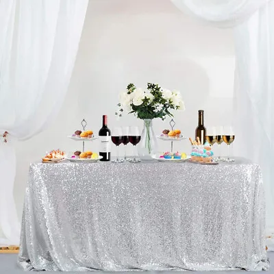 Sequin Table Cover Cloth Glitter Rectangle Tablecloth Wedding Party Decor Silver • £6.99