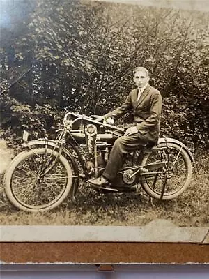 Man On An Early 1900's Indian Motorcycle W/ Indian Pennant Framed RPPC Postcard • $99.99