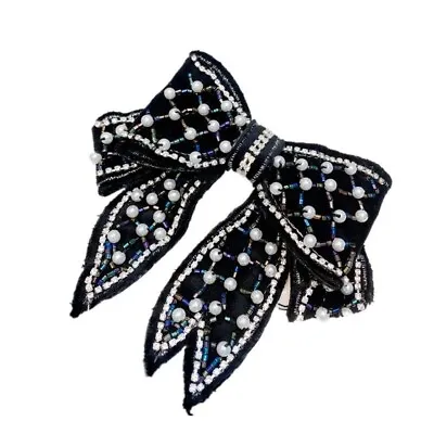 Black Velvet Pearl And Rhinestone Hand Sewn Beaded Hair Barrette/ Bow • $35.99