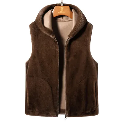 Fur Coat Men's Brown Hooded Gold Mink Velvet Vest Waistcoat Fur One-piece Vest • $151.40