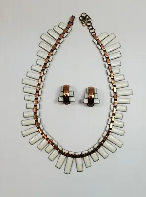SIGNED MATISSE Vintage Genuine Copper Necklace & Earrings Renoir White Enamel • $79.99