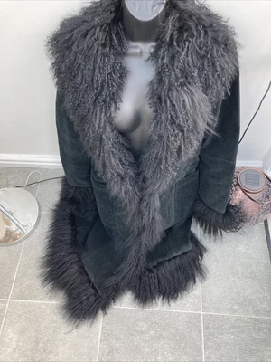 £150 • Buy KIT Vintage 90s Y2K Black Afghan Penny Lane Coat 70s Inspo Mongolian Suede 10