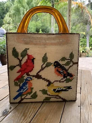 Needlepoint Purse Tote Bag Bakelite Handles Birds Cardinal Robin Oriole Finch • $28
