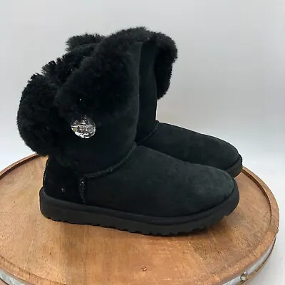 UGG Boots Womens 5 Bailey Button Bling Shearing Black Suede Mid Calf Fur 3349 • $34.29